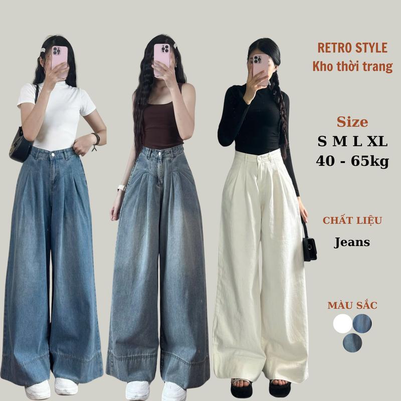 (Trên M55 nhận đơn) Quần bò xuông ly trước ống rộng to dáng dài tôn dáng cho nữ, chất jean mềm mỏng nhẹ mát co giãn 7657/1116/7840 - Women, Ong