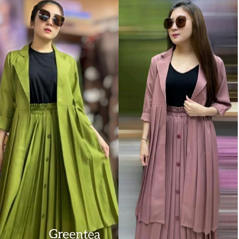 SetRok Blazer Rok Plisket Fit Karet Setelan Wanita 1