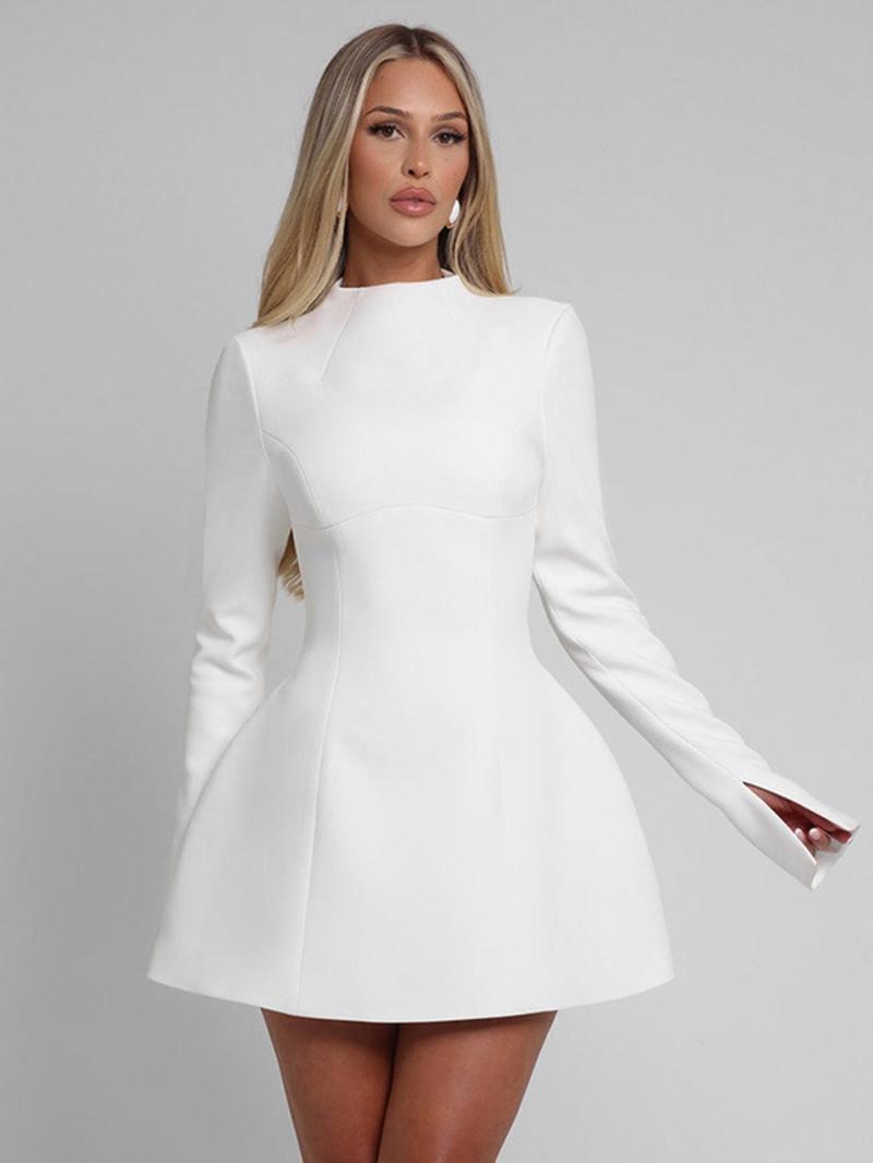 Product Introduction of Women's Plain Backless Button Decor A Line Dress, Elegant Long Sleeve Stand Collar Zipper Back Short Dress for Party Holiday Wedding Guest, Ladies Spring & Fall Clothes, Dresses for Women, Classy Modest Dresses 1