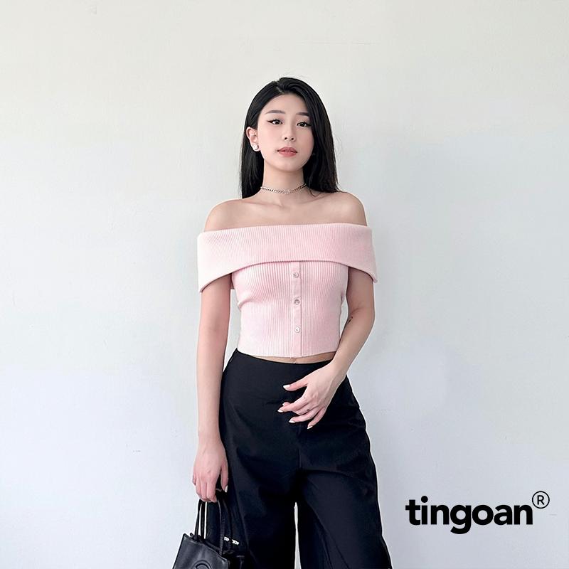 TINGOAN x TIKTOKSHOP- Áo len xù hồng trễ vai ngang NINGNING TOP/ (xám, hồng)