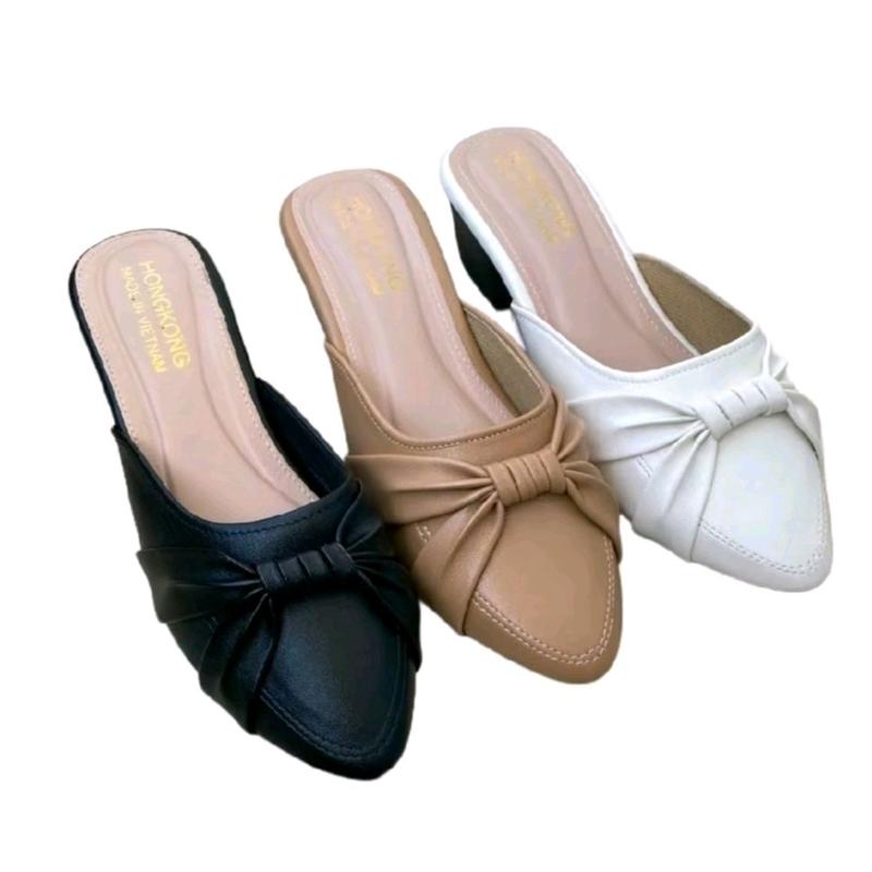 Giày sục nữ mũi nhọn trang trí nơ cao gót 5 phân - Shoes, DéP, Women dép