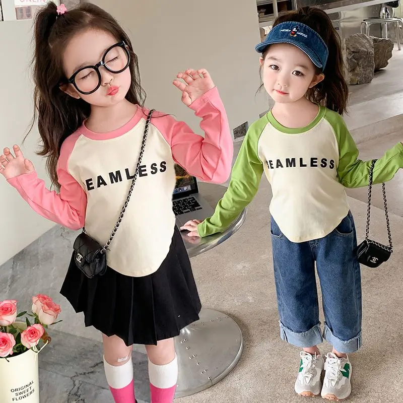 [Exquisite Hem] Spring and Autumn Thin Color-Block Girls' Thermal Base Shirt 2024 Spring and Autumn Warm Stylish Little Girls' Long Sleeve T-Shirt