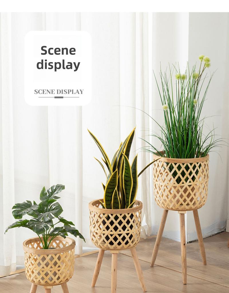 Product Introduction of Nordic creative wicker bamboo grass flower basket wooden high flower stand indoor living room decoration green lily flower pot 15