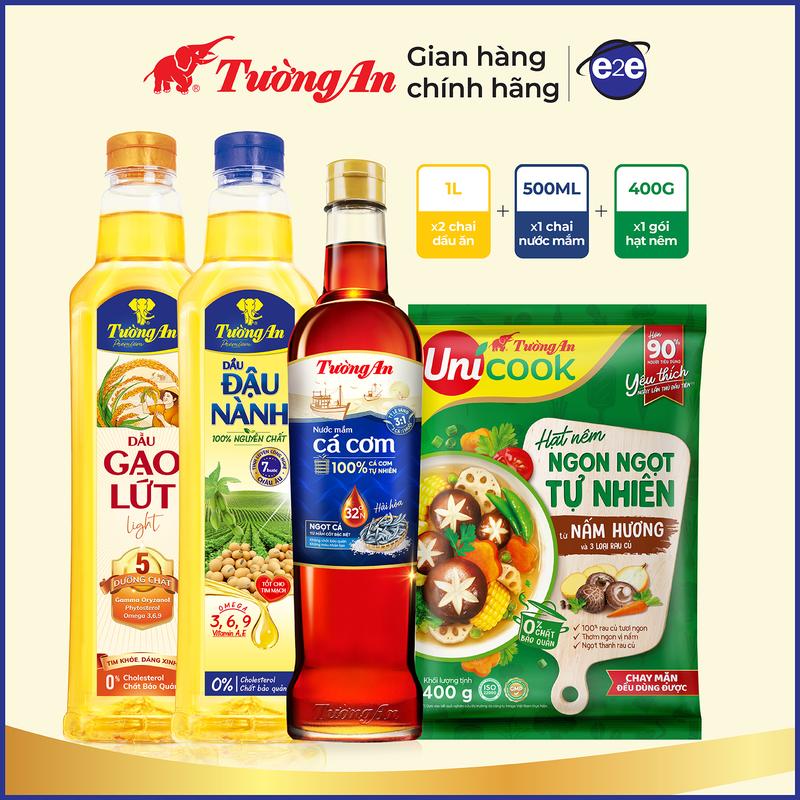 Combo Gia Vị Ngon Lành Tự Nhiên: Nước Mắm TA 32 Độ Đạm 500m x 1chai, Hạt Nêm TA Unicook Nấm Hương 400g x 1 gói, Dầu Đậu Nành Tường An Premium 1L x 1 chai, Dầu Gạo Lứt Light 5 Dưỡng Chất 1L x 1 chai