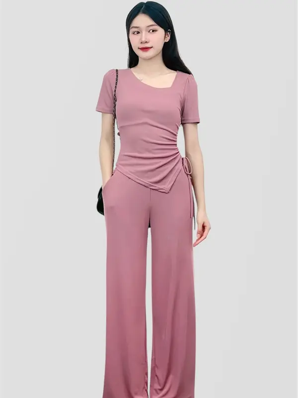 [Set Cổ Lệch Cộc Tay 02] Bộ Set Cổ Lệch Nhún Eo Ngắn Tay Kèm Quần Suông Chất Thun Tăm cho Nữ Jima 121 Women - Áo, Top 1