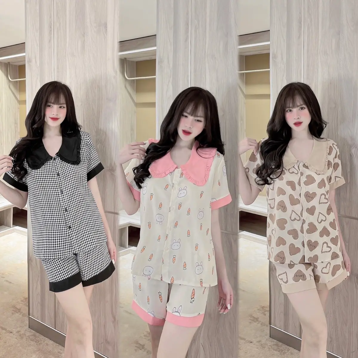 Bộ Đùi cổ bèo lụa maggo nhiều màu, zz đen, tim nâu, tim xanh, chữ Ae, cà rốt kem, cà rốt hồng, thỏ đen Áo Nữ Women