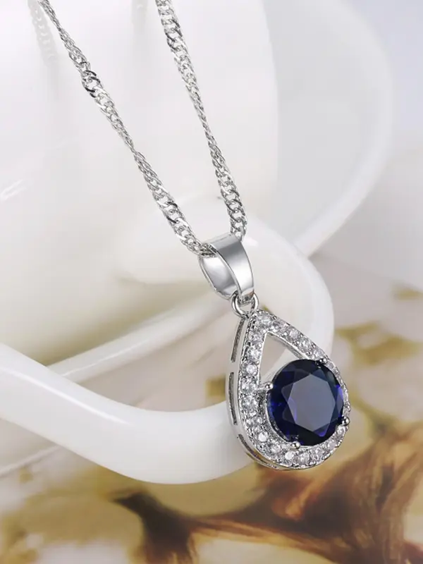 Elegant Artificial Gemstone & Rhinestone Decorated Jewelry Set, Water Drop Design Pendant Necklace & Dangle Earrings, Fashion Jewelry Accessories for Women 3
