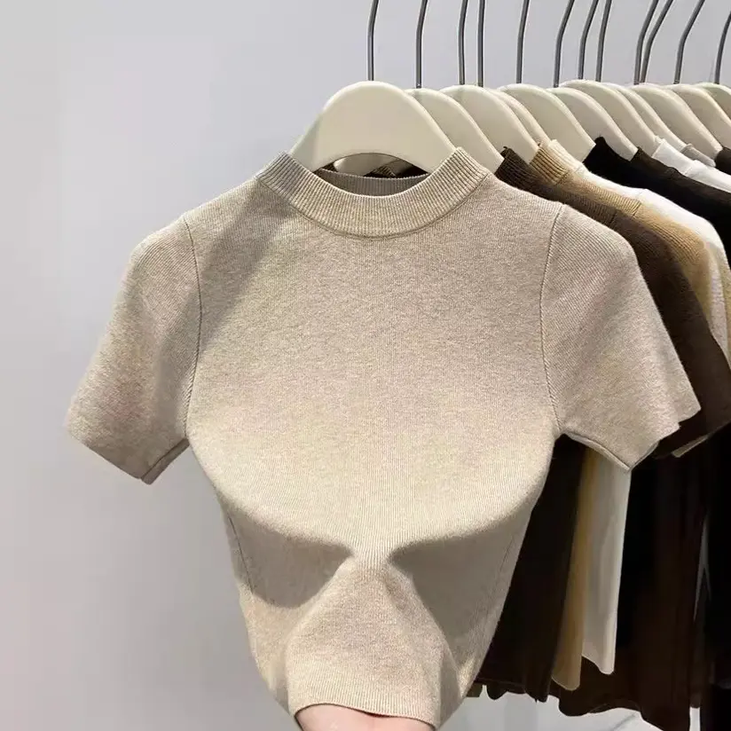 Solid Color Inner Wear Knitwear Women's All-Match Small Turtleneck Short Sleeve Pullover Underwear Top Trendy Womenswear Lady Knitting Comfort Basic Minimalist