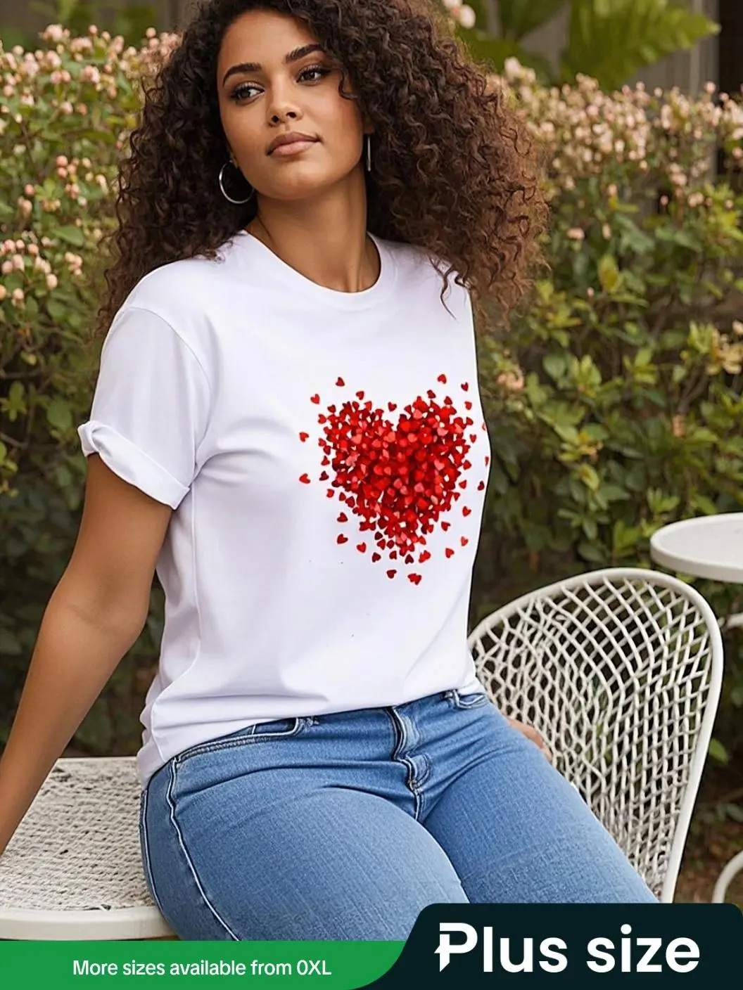 【Plus Size】 Plus Heart Print Round Neck Tee Suitable, Women's Casual Short Sleeve Crew Neck T-shirt for Summer, Women 2024 Trendy Plus Going out Top Clothing Valentine's Day, gift