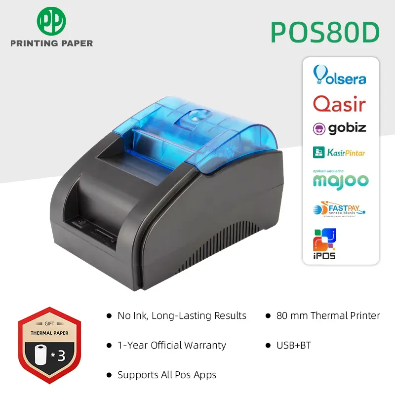 Printer Termal 80mm POS80D Mendukung Cetakan Kwitansi Kasir + 3 Gulungan Kertas Termal Gratis + Pengisi Daya Printer Kwitansi Bluetooth - Hitam/Biru