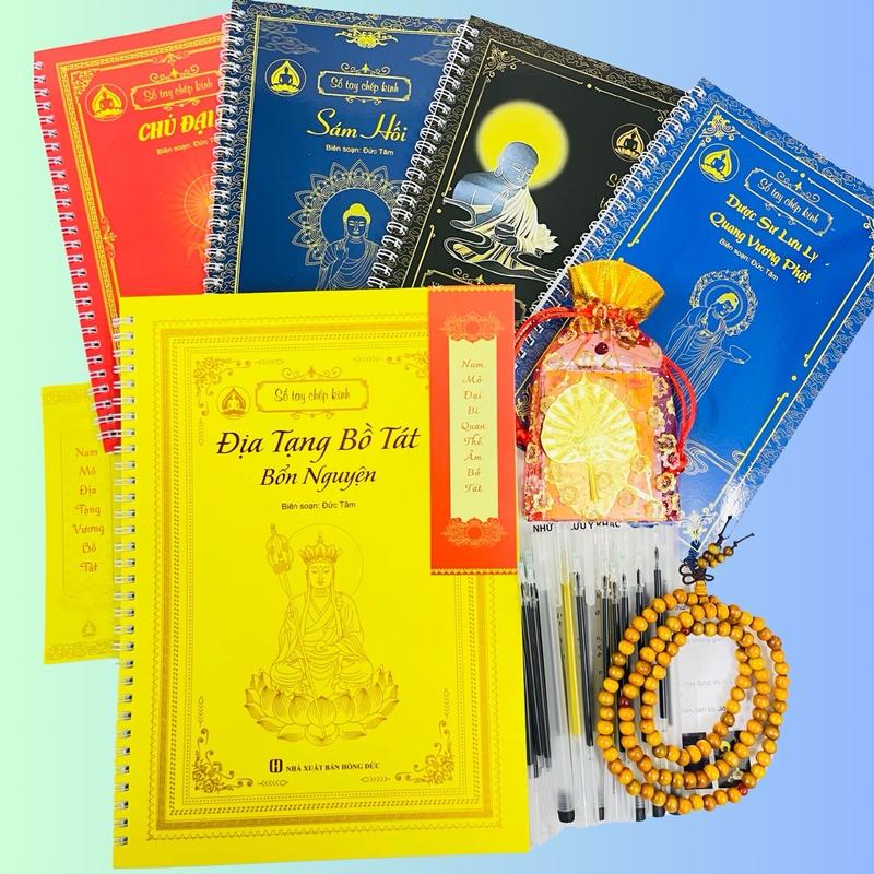 Combo 5 sổ tay chép kinh (sách) Địa Tạng- Sám Hối- Chú Đại Bi- Dược Sư- Vu Lan- in mờ tặng 12 ngòi 4 bút, 2 bút nhũ, vòng 108 hạt, 1 lá bồ Đề mạ vàng và 1 túi gấm