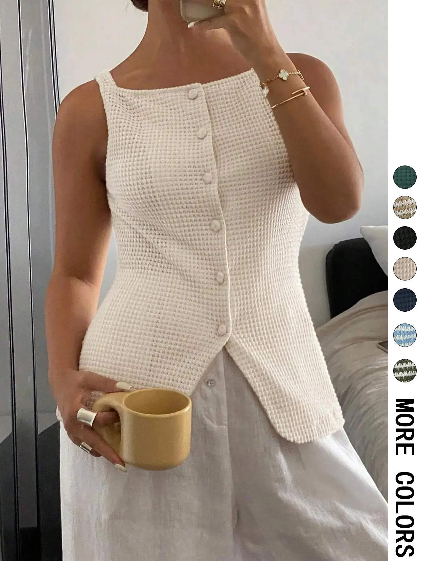 Women's Plain Button Front Tank Top, Casual Sleeveless Top for Spring & Fall, Ladies Clothes for Daily Wear, Waffle Top