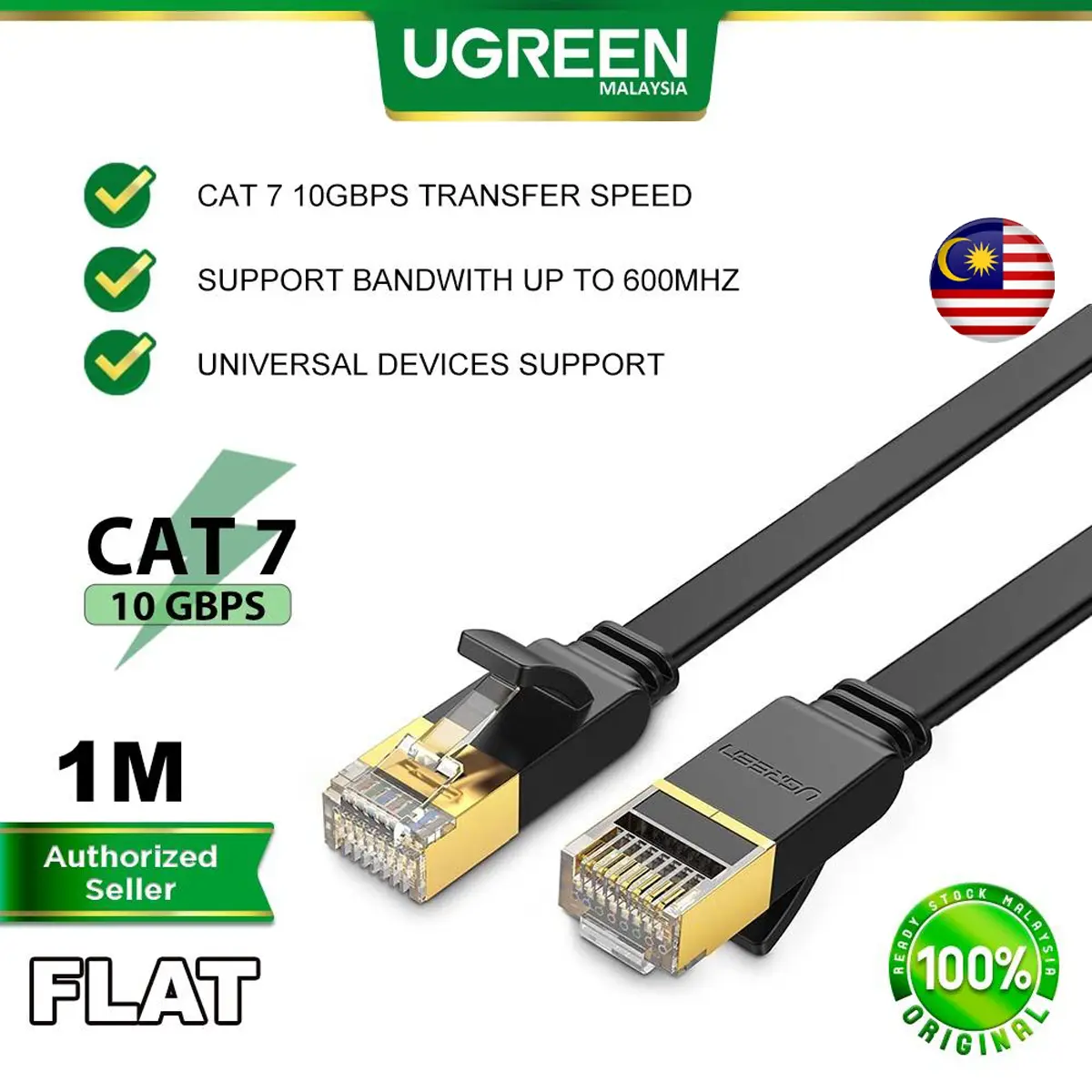 UGREEN Cat7 Flat Ethernet Cable RJ45 Flat 10 Gigabit 600Mhz LAN Wire Modem Router PC Mac Laptop PS2 PS3 PS4 XBox 360 Office