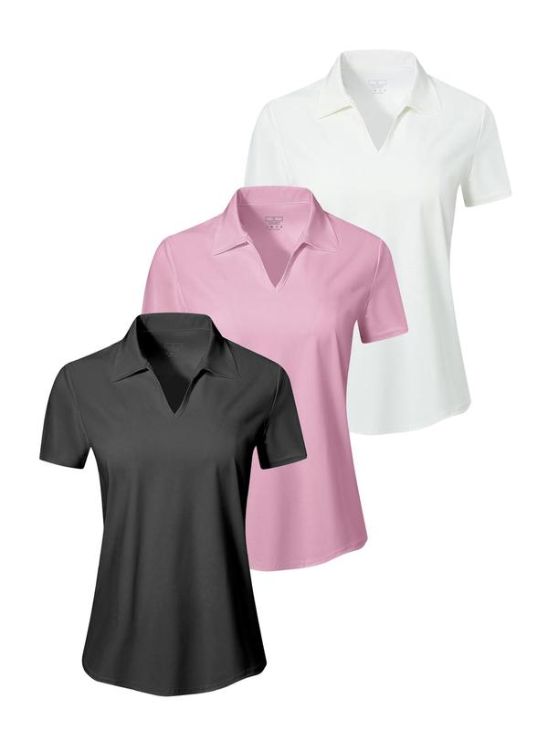 Women's Solid Color Polo Shirt, Casual Short Sleeve Collared T-Shirt for Daily Wear, Ladies Clothes for All Seasons 0
