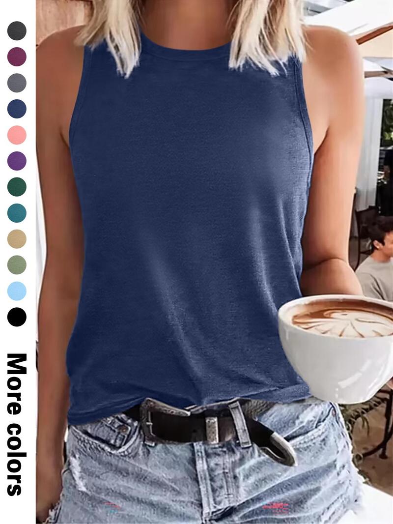 Product Introduction of Women's Plain Round Neck Tank Top, Casual Sleeveless Top for Summer, Ladies Clothes for Daily Wear, Clothing 1