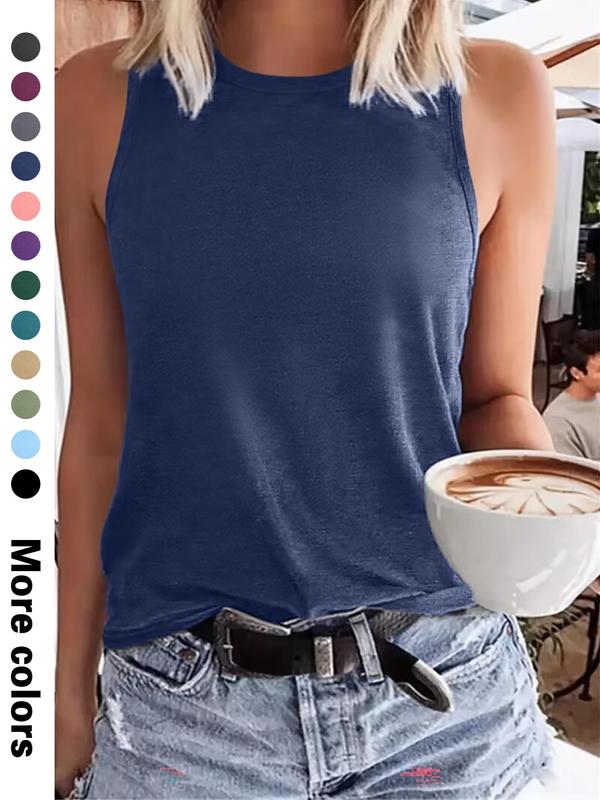 Women's Plain Round Neck Tank Top, Casual Sleeveless Top for Summer, Ladies Clothes for Daily Wear, Clothing 0