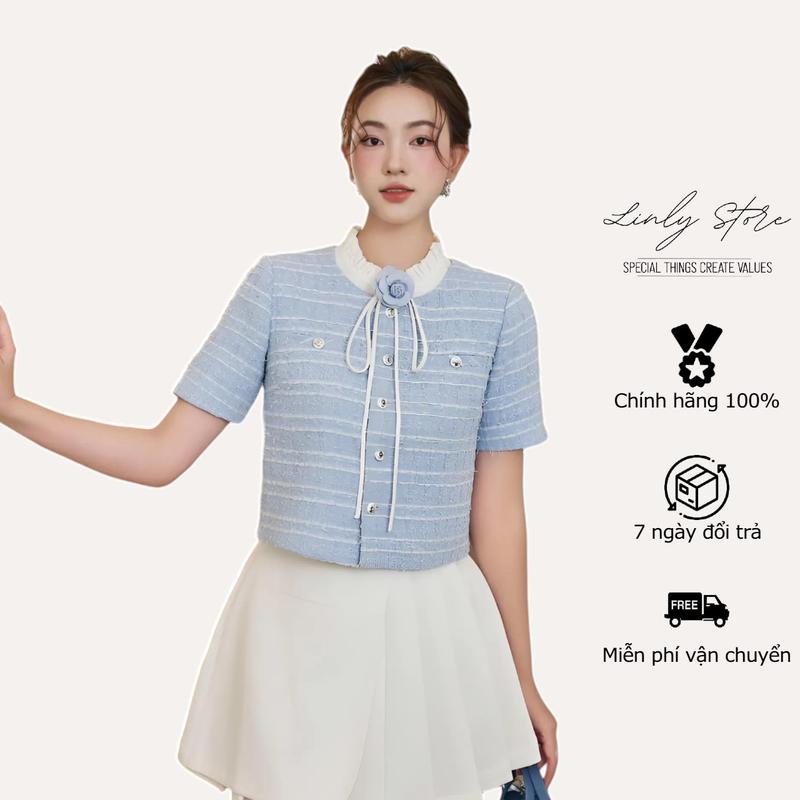 Set đồ nữ áo khoác dạ tweed, chân váy xoè xếp ly vạt lệch kèm hoa trà Linly Store