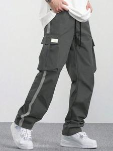 Men's Side Stripe Drawstring Waist Cargo Pants, Regular Fit Casual Street Patched Detail Pocket Trousers for Daily Wear, Men's Bottoms for All Seasons