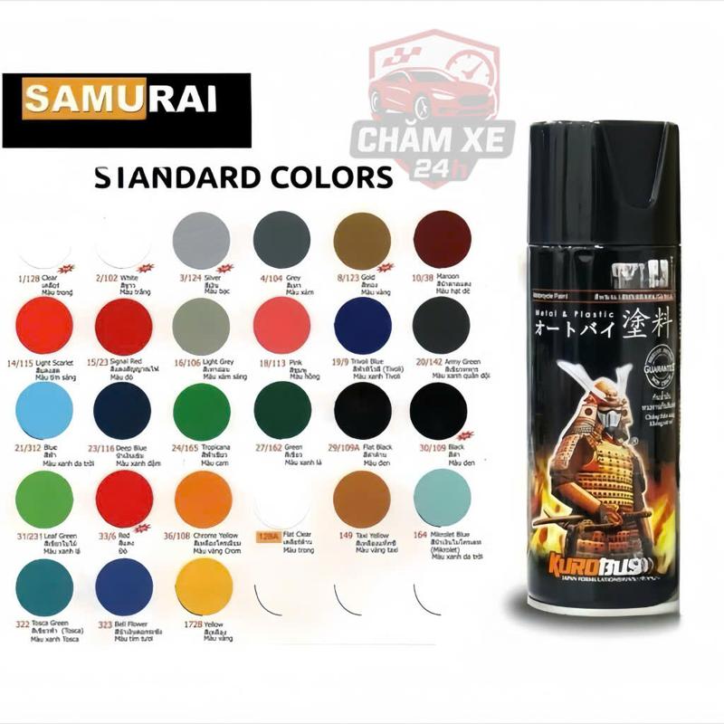 Chính Hãng Sơn xịt Samurai đủ màu đen nhám đen bóng trắng đỏ xanh vàng... sơn lót phủ bóng chất lượng Nhật Bản