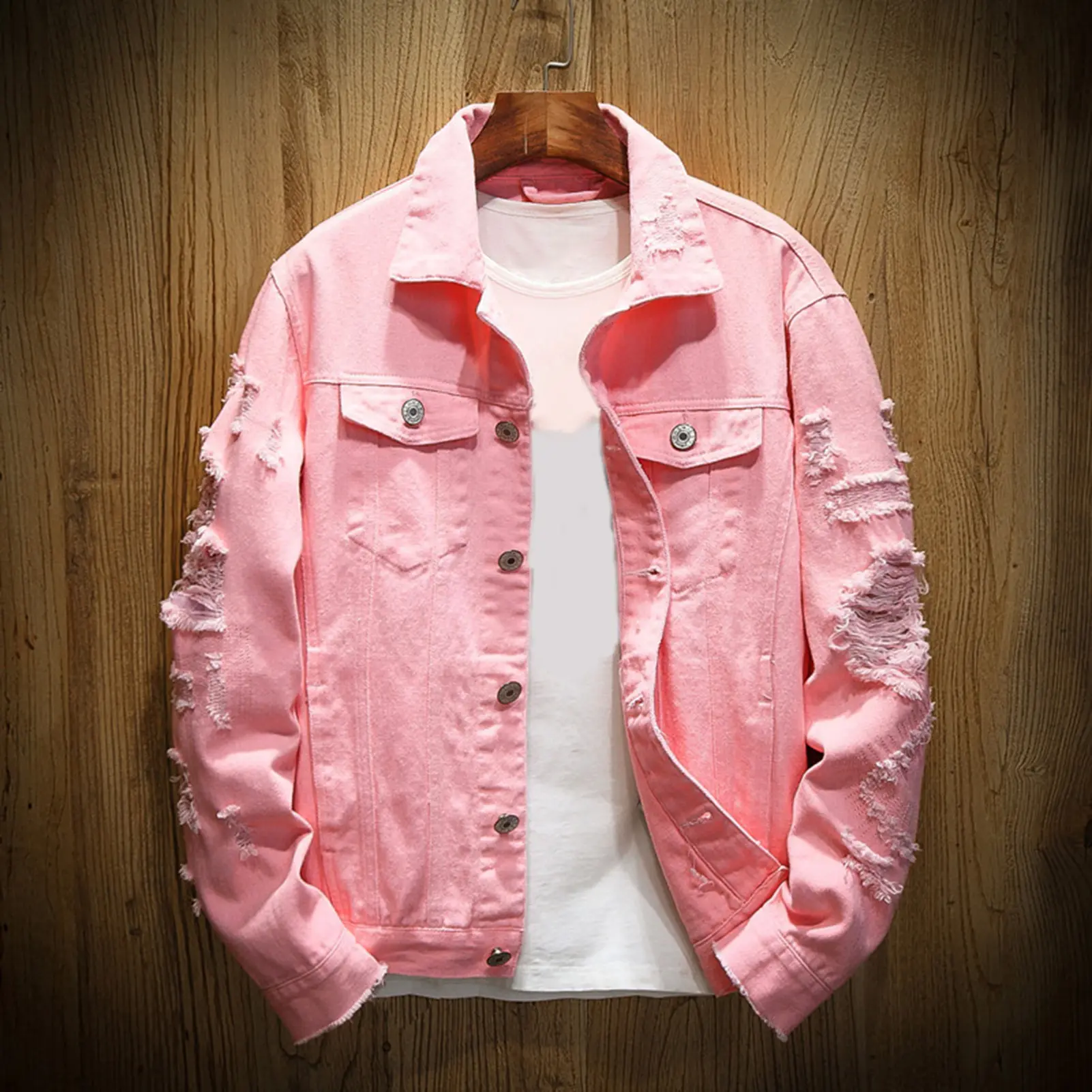 Áo Khoác Jean Rách Lỗ, Màu Trơn, Cổ Bẻ, Thời Trang Dạo Phố, Áo Khoác Denim Một Hàng Khuy Dáng Rộng Cho Chuyến Đi, Mùa Thu Đông