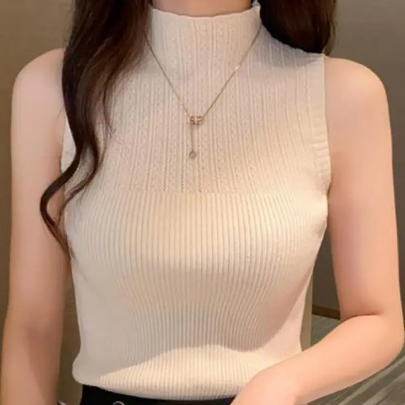 Áo Ba Lỗ Dệt Kim Cổ Lọ Nửa Cổ Điển Cho Nữ, Áo Ba Lỗ Không Tay Màu Trơn, Áo Vest Mỏng, Mùa Hè 6