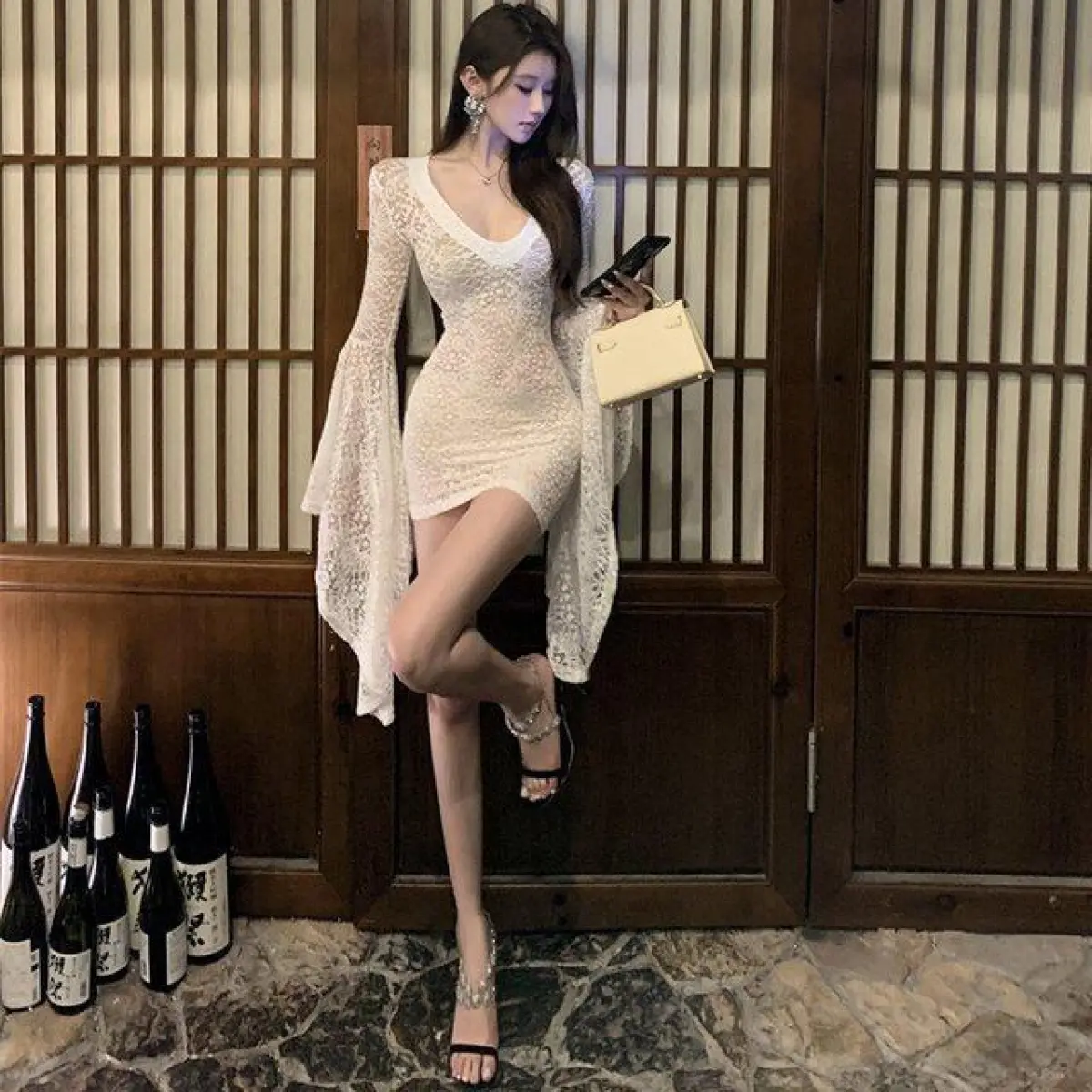 Váy Cơ Sở, Phong Cách Pháp, Cổ Chữ V, Tay Chuông, Dáng Ôm, Váy Hai Dây Bên Trong, Bộ Hai Mảnh, Dài Ngắn, Dành Cho Nữ Women Dress Khuy