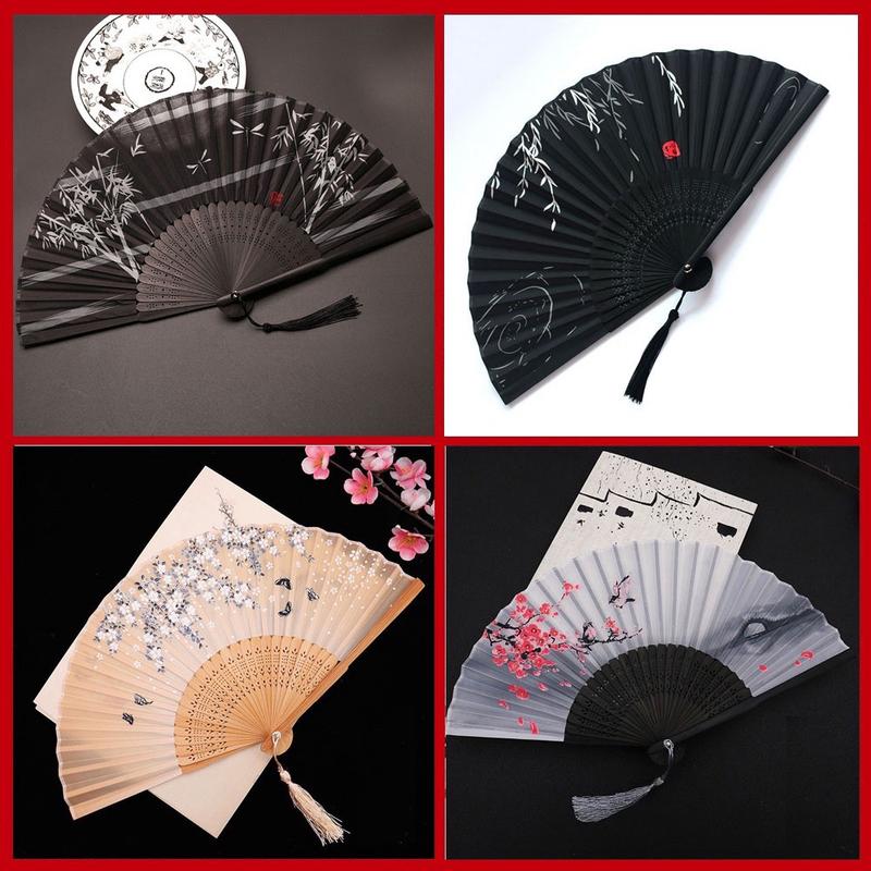 Quạt giấy cổ trang trung quốc, quạt xếp cổ trang cầm tay bằng gỗ và vải múa văn nghệ Decor Quạt