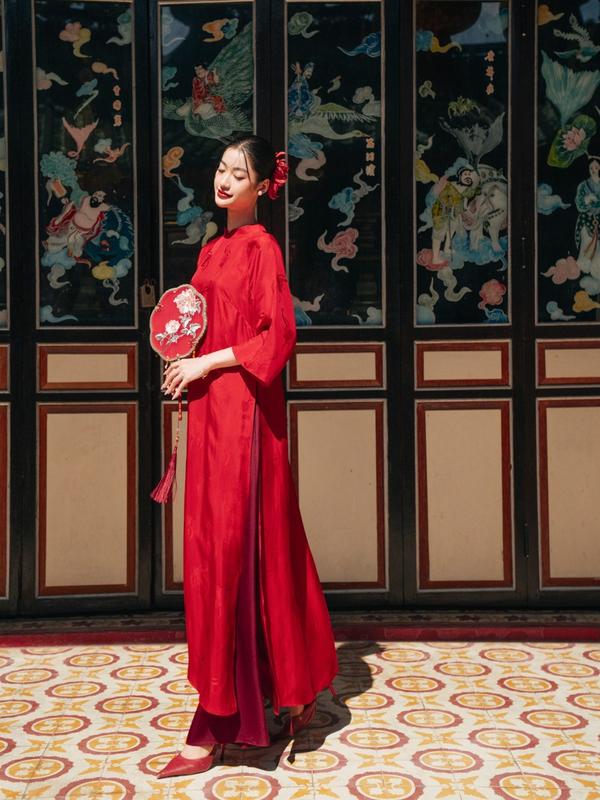   XÉO XỌ  Set áo dài Chu Đào chất liệu lụa tơ tằm dáng suông tay lửng hoạ tiết 