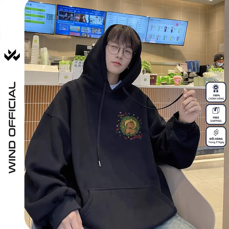 Áo hoodie unisex form rộng WIND Capybara Merry Christmas hoodie nút bấm thời trang nam nữ nỉ bông oversize Menswear Dài Tay Tay Dài 2