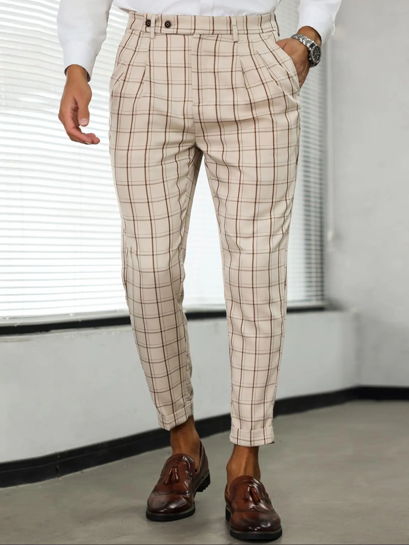 Men's Plaid Print Button Front Plicated Suit Pants, Casual Comfy Pocket Loose Trousers for Spring & Fall, Men Bottoms for Daily Wear