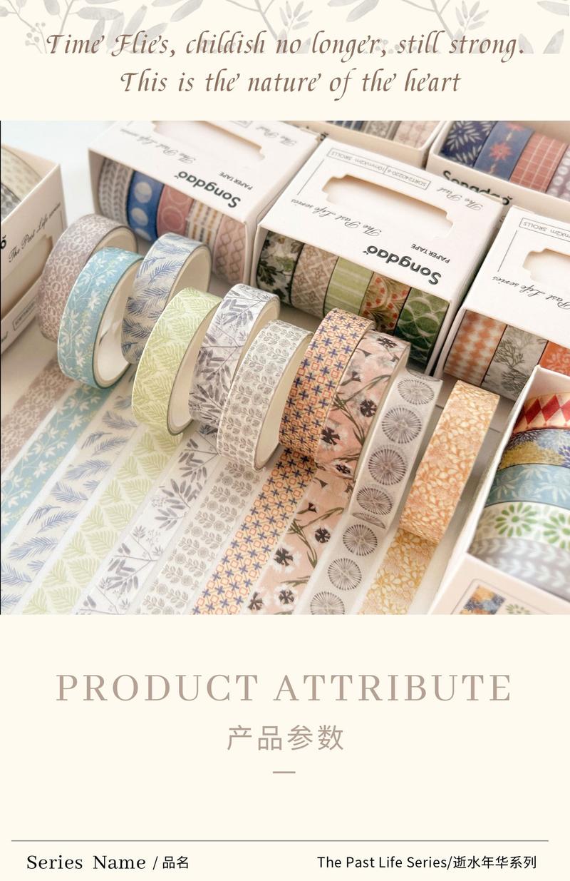 Product Introduction of [SG] Washi Tape Set For DIY Decorative 10mm x 2M x 5 Rolls Passing Time Series Washi Tape 1
