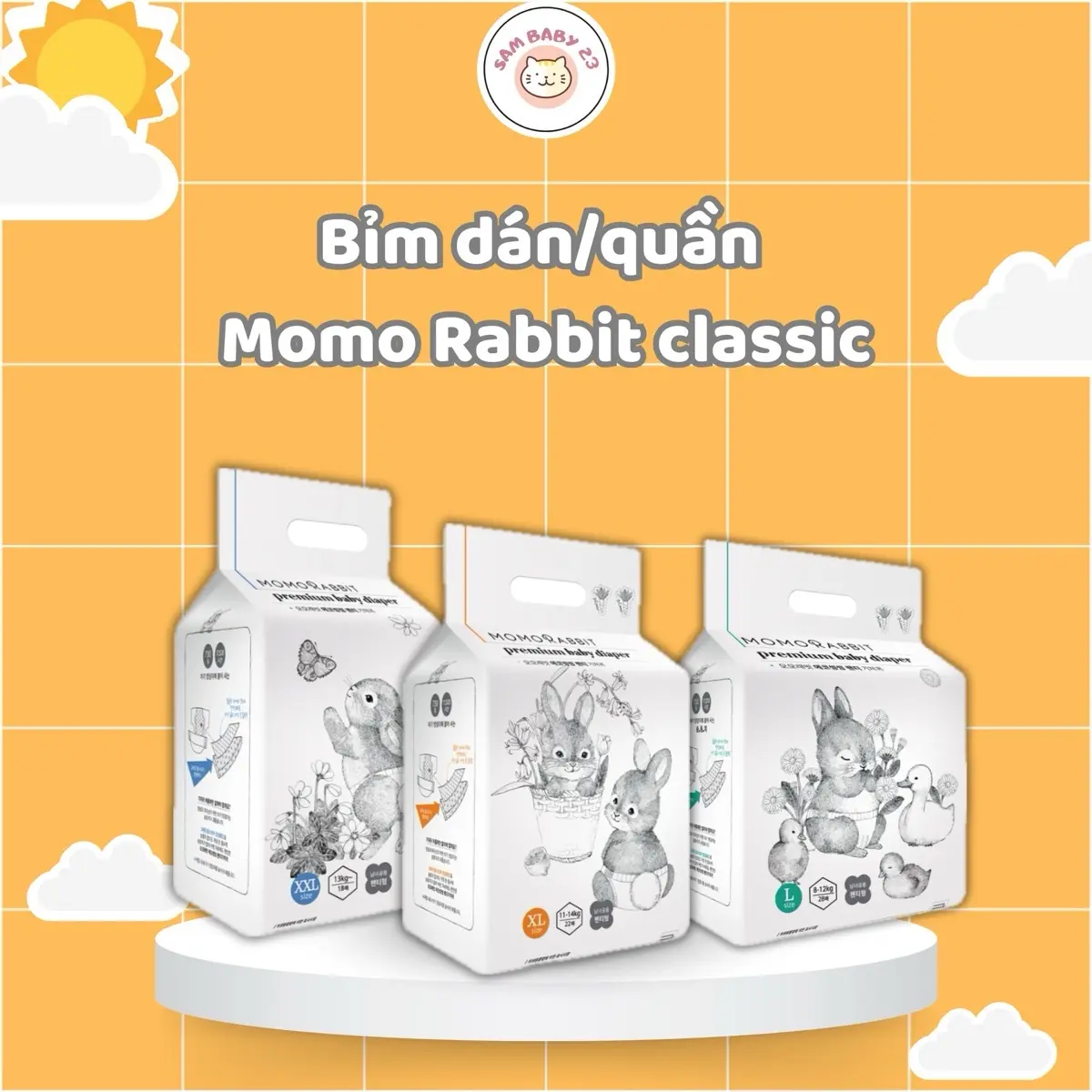 Bỉm dán/quần Momo Rabbit Classic nội địa Hàn Quốc size S36/M32/L30/M30/L28/XL22/XXL18 cho bé