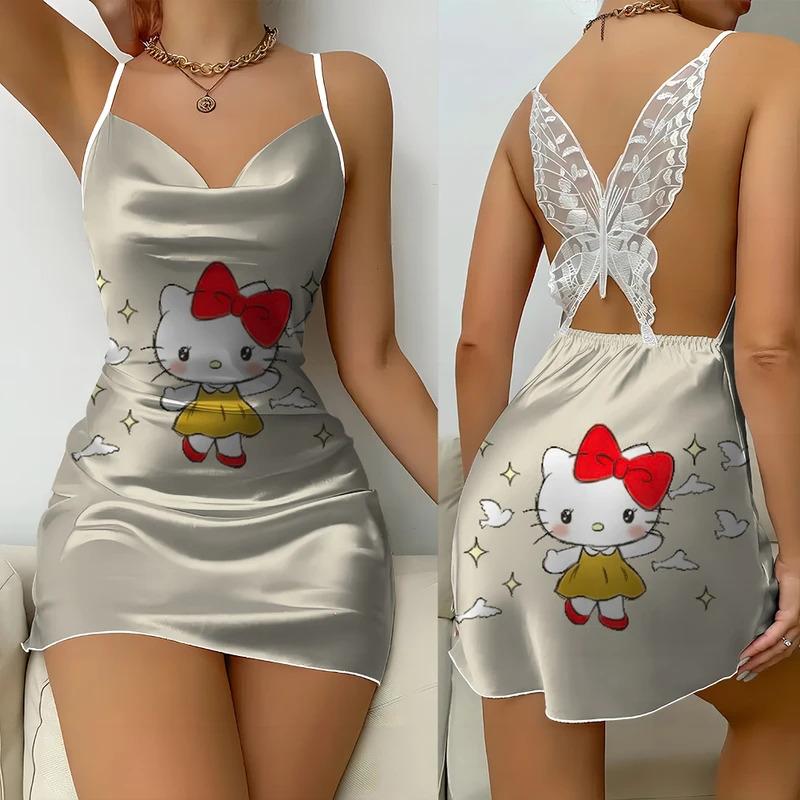 Váy Ngủ In Hình Hello Kitty, Sanrio, Vải Satin Mùa Hè, Thiết Kế Hở Lưng Gợi Cảm, Ren Bướm, Phong Cách Mặc Lót, Thích Hợp Để Nhập Vai Và Mặc Thường Ngày Váy Mặc Ngủ Thoải Mái Cho Nữ 3
