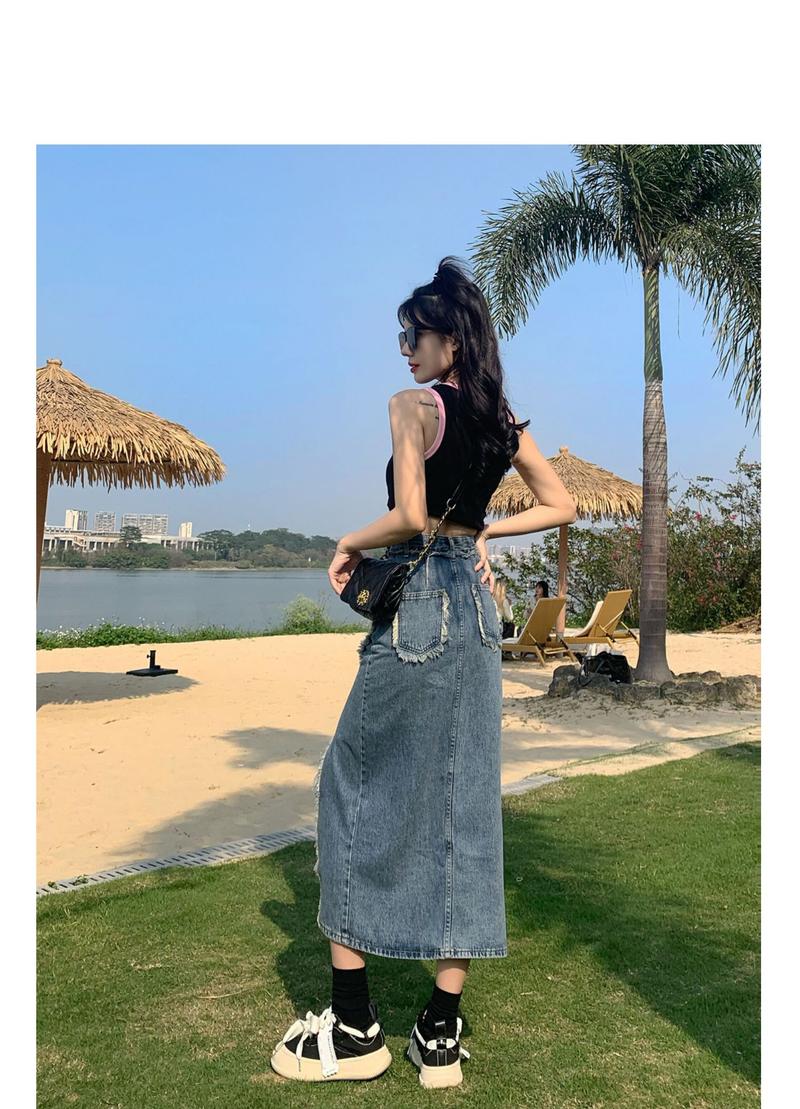 Product Introduction of Tassel denim mid-length spring and autumn 2023 new style raw edge high waist slimming fashionable all-match trendy long skirt 17