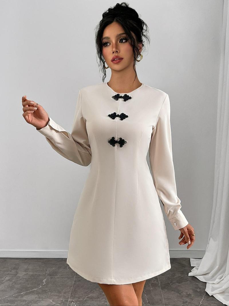 Product Introduction of Women's Round Neck A Line Dress, Casual Long Sleeve Short Dress for Spring & Fall, Women's Clothing for Daily Wear Valentine's Day, gift 4
