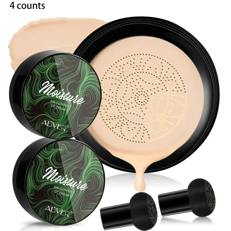 Moisturizing CC Cream with 2 Mushroom Head Powder Brush, 2 Counts/set Natural Long Lasting Makeup Foundation, Facial Makeup Product for Women 0