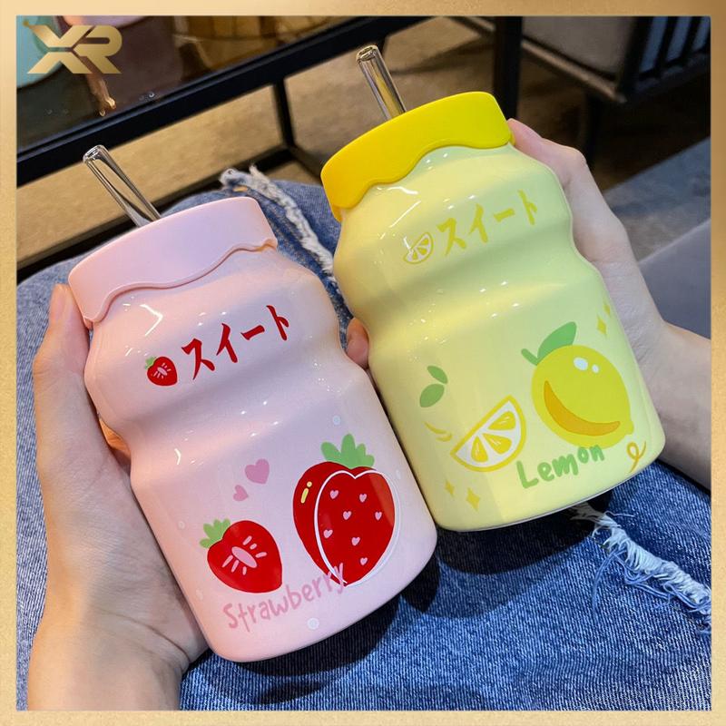  Cốc sứ,ly sứ,cốc uống nước 460ml họa tiết các Nhiễu mẫu dễ thương,kèm nắp + Ống hút thuỷ tinh 