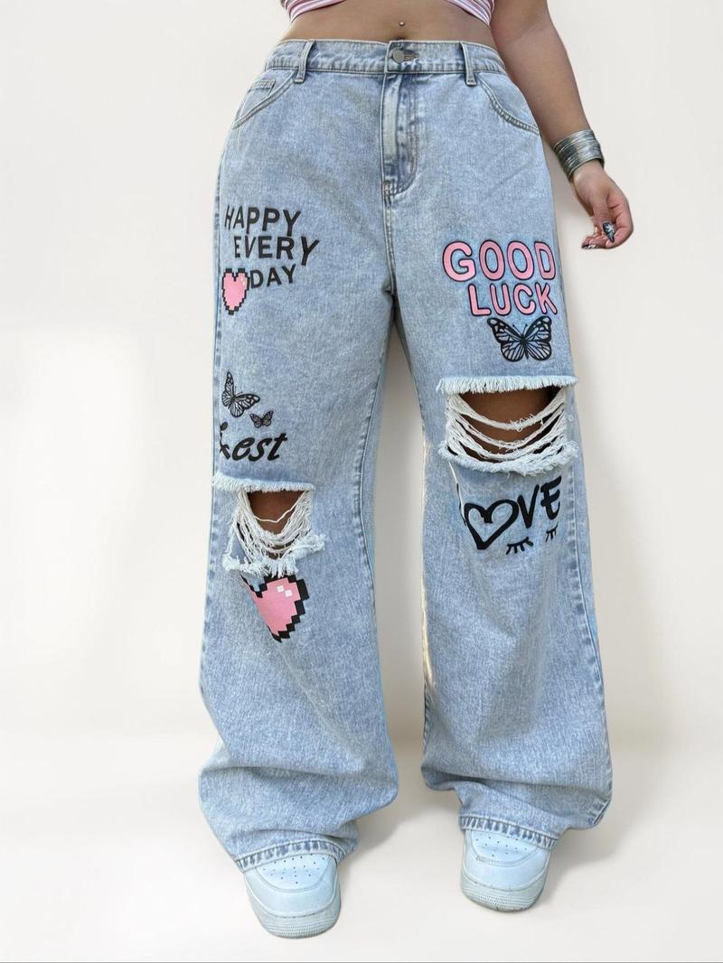 Product Introduction of 【Plus Size】 Butterfly & Heart Print Jeans, Fashion Casual Wide Leg Jeans for Daily Outdoor Wear, Women Plus Clothing for All Seasons 1