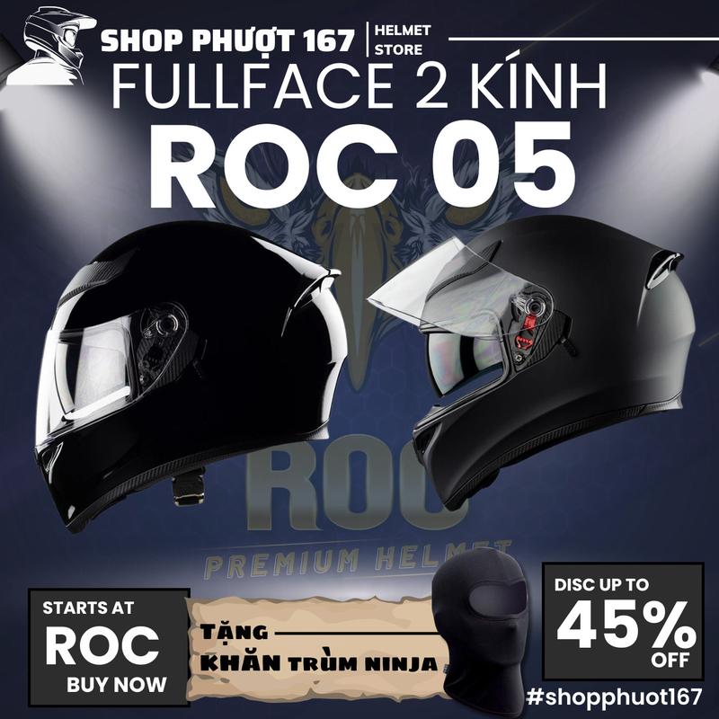 (Tăng 1 size) Mũ bảo hiểm ROC 05 fullface - 2 kính đủ màu chính hãng (Tặng khăn ninja và áo mưa), túi đựng nón và che cằm đi kèm - Helmet