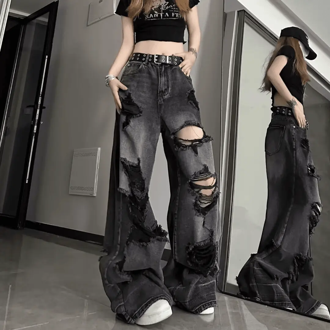 2024 American high street ripped jeans for men and women, popular loose fit, slimming and versatile wide leg pants, washed and made in 2024