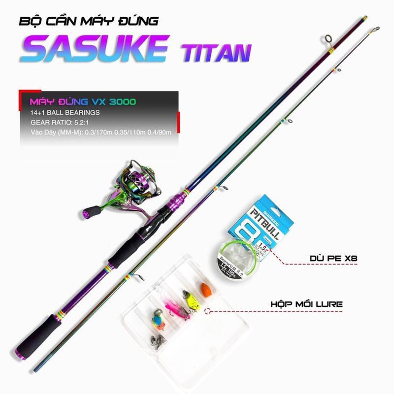 Bộ cần câu lure đứng carbon SaSuKe TiTan máy câu VX 3000 titan tặng bộ mồi câu Thông tin chi tiết cần câu: Model: SaSuKe Titan Màu sắc: titan bảy màu Độ dài:1.8m - 2.1m - 2,4m Số đoạn: 2 Ngọn: 1.9mm chất liệu: carbon Lure: 8-25g Line: 4-12lb Máy câu kim