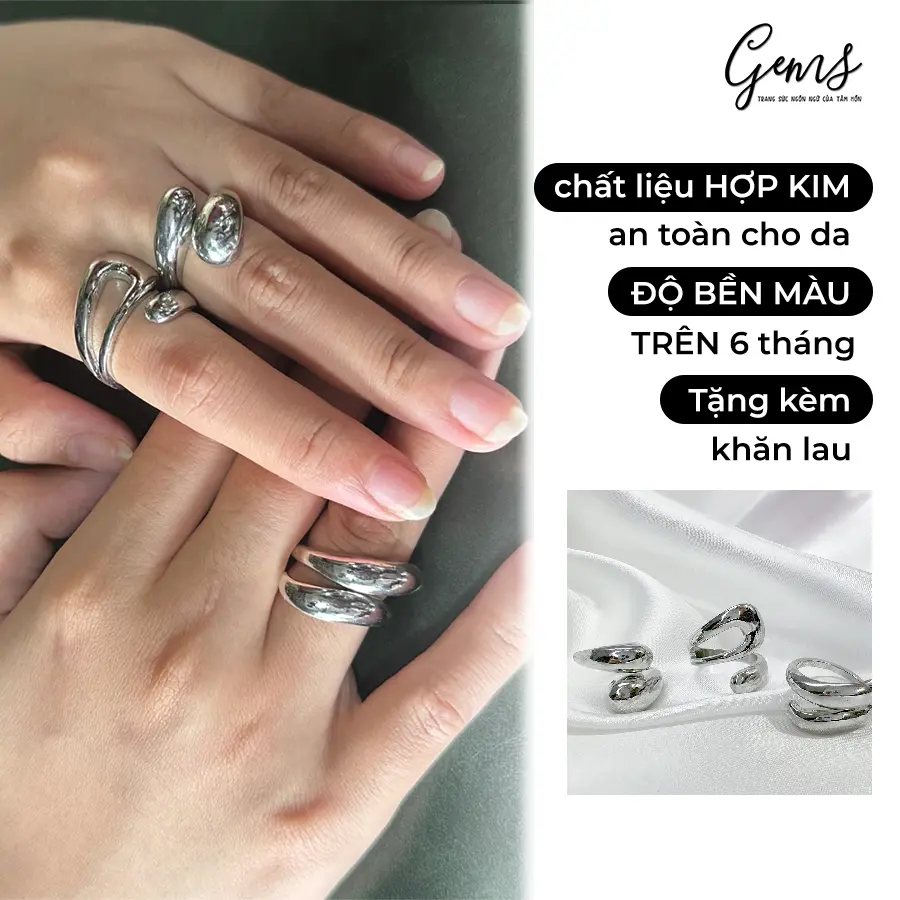 Nhẫn titan mạ bạc thiết kế mở, tuỳ chỉnh size, hoạ tiết 2 giọt nước l TIỆM PHỤ KIỆN GEMS