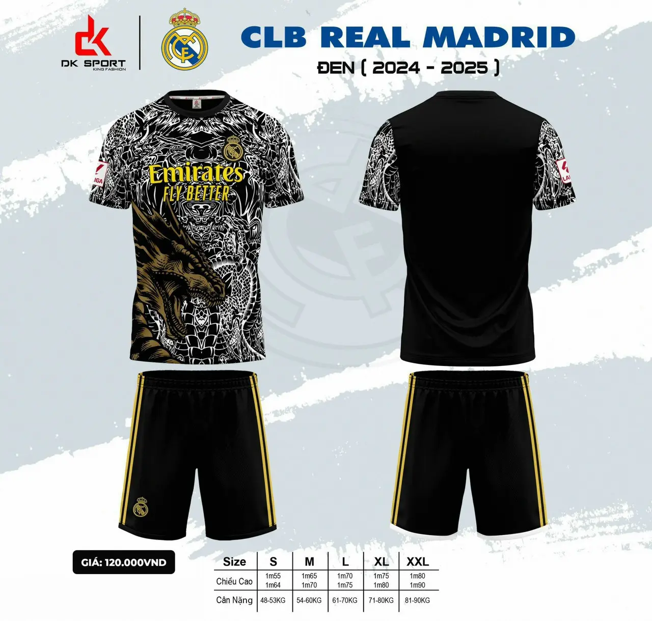 Bộ quần áo bóng đá Real Madrid đen Dragon thun lạnh DK – Logo thêu – in tên số theo yêu cầu
