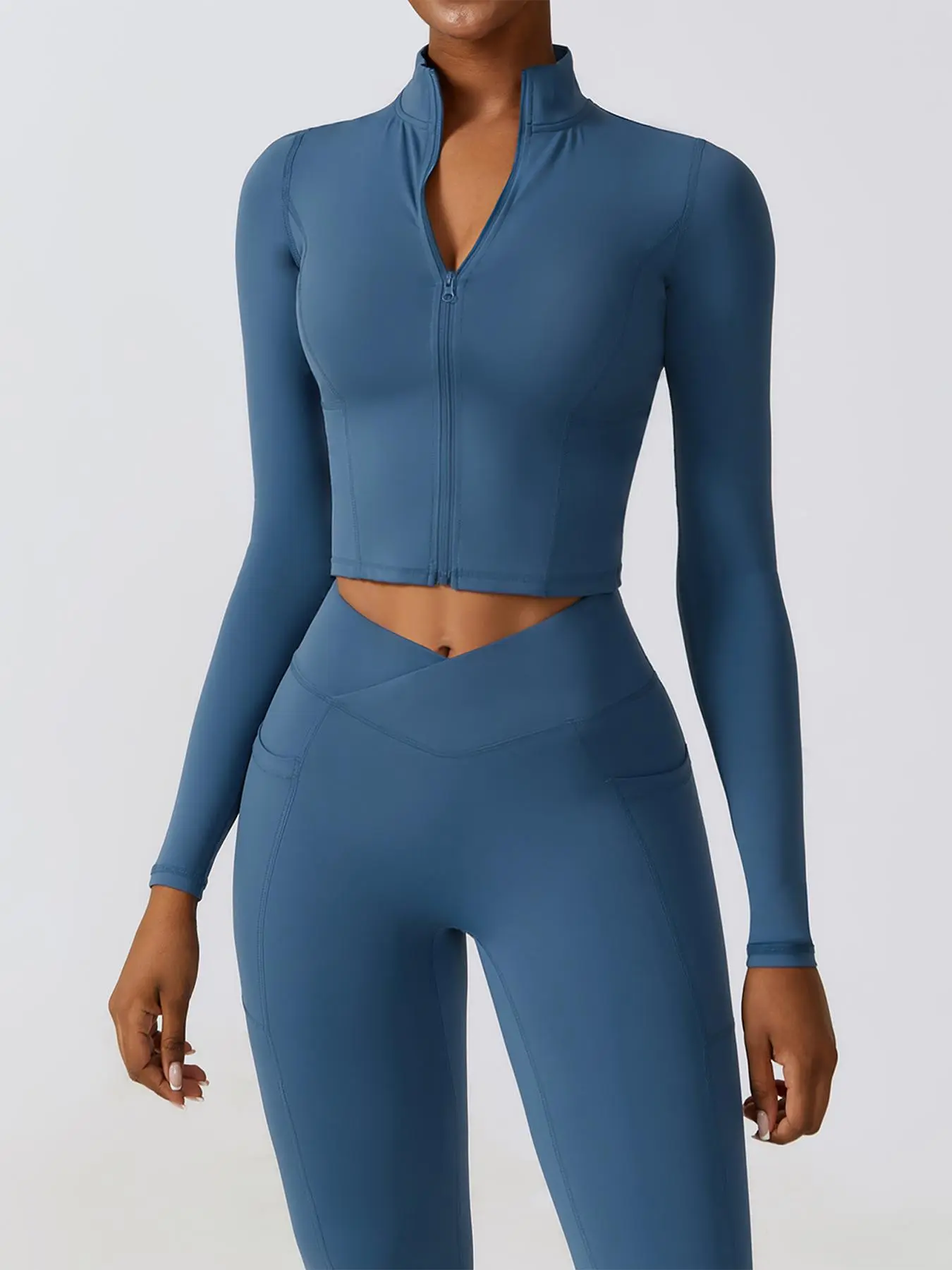 Two-piece Set Women's Solid Color Zip Up Crop Coat & High Waist Leggings Tracksuit Set, Long Sleeve Stand Collar Top & Skinny Pants, High Stretch Sportswear Set for Indoor Outdoor Wear, Workout Clothes