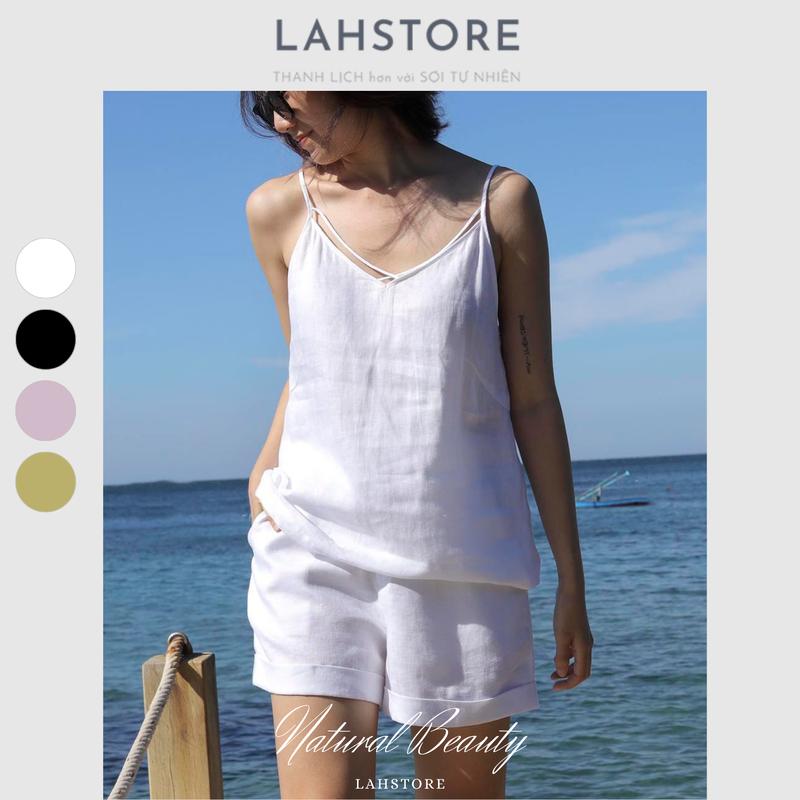 Áo 2 dây nữ vải linen tưng gân, cổ V dây ngực đan chéo LAHSTORE (Trắng) Top