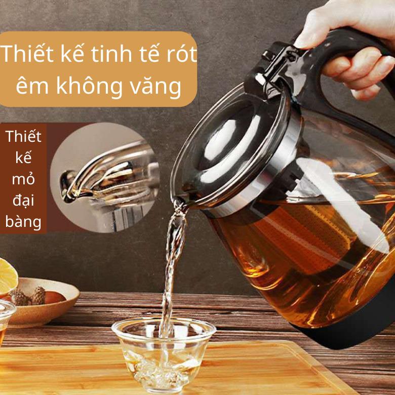 Bình pha trà thuỷ tinh có lõi lọc dung tích 1500ml  bình nước thủy tinh có lõi lọc trà inox nắp đậy và quai cầm chống nóng cao cấp ấm trà  2 ngăn 
