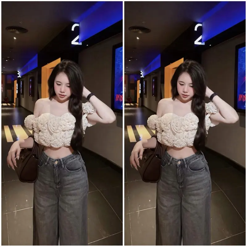 Áo Croptop Trễ Vai Đính Bông Thiết Kế Sang Chảnh Co Dãn Chất Vải Voan Dễ Mặc Có Bo Chun Phía Sau