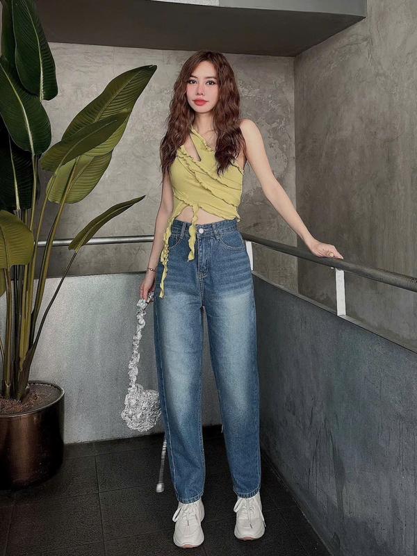 Quần Baggy Lưng Cao 1 Nút Kiểu Đơn Giản Thời Trang QC mã 346 Pants Jean Women Nữ 2