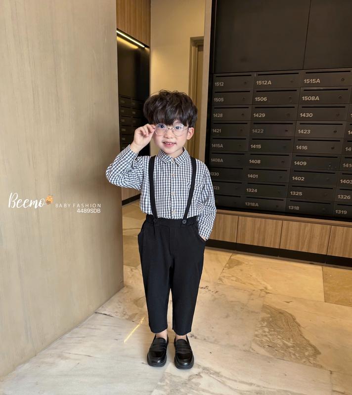 Set bộ sơ mi công tử Beemo thiết kế kẻ caro vải thô hàn phối đai cao cấp cho bé trai 9-24kg 4489SDB
