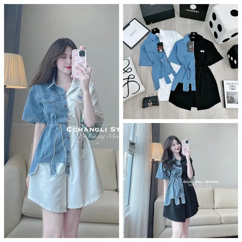Váy sơ mi phối bò rách rút eo siêu hot, váy sơ mi giả jean 2 màu đen và trắng 0